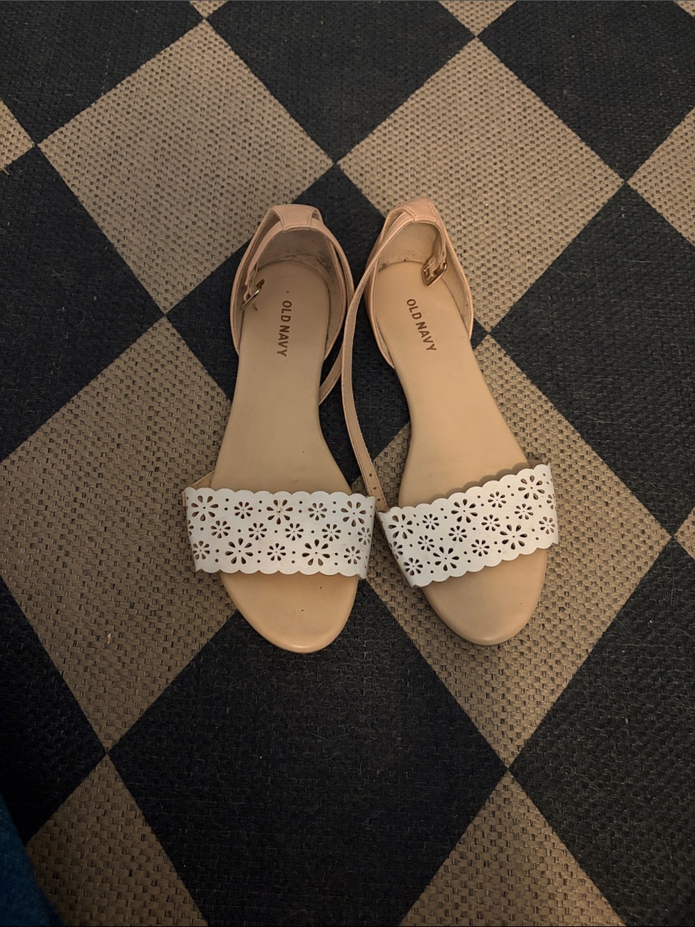 Old Navy White Floral Laser-Cut Front Strap Sandals with Tan Ankle Strap